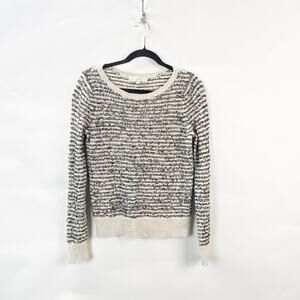 LOFT Medium Womens Black Ivory Cream Striped Speckle Fringe Pullover Knit Top